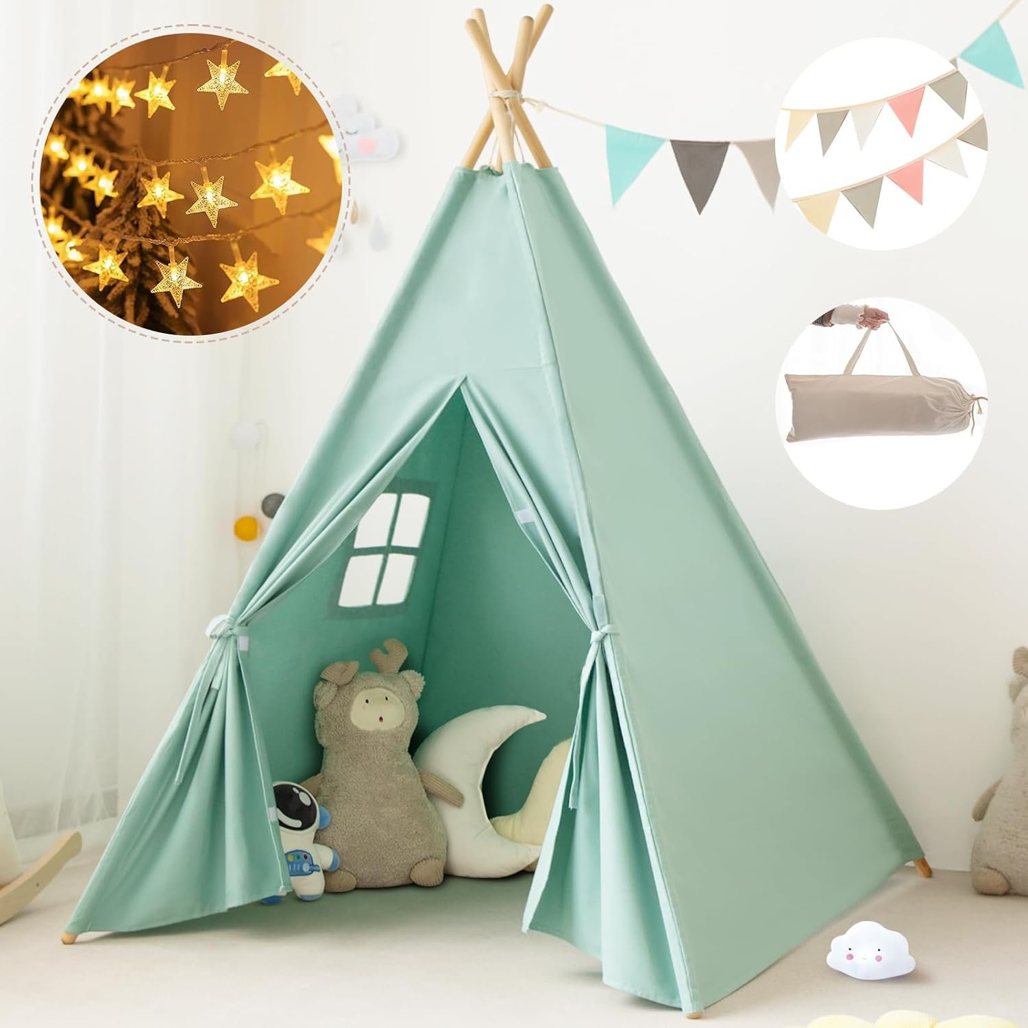 Teepee Tent for Kids-Portable Children Play Tent Indoor Outdoor (Green) - Image 2