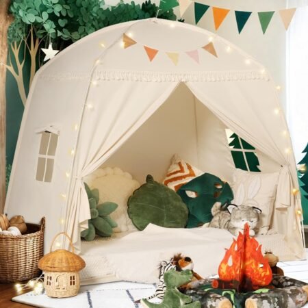 Large Teepee Tent for Kids: with Star Lights & Flags - Tent for Kids Indoor Toddler Teepee for Boys & Girls - Toddler Playhouse Inside Canopy Bed for Playroom Gift Toys (Cream)