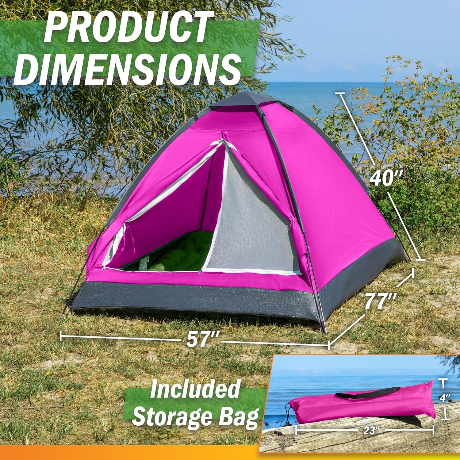 2 Person Camping Tent with Rain Fly and Carrying Bag - Lightweight Outdoor Tent for Backpacking, Hiking, or Beach Use by (Pink) - Image 2